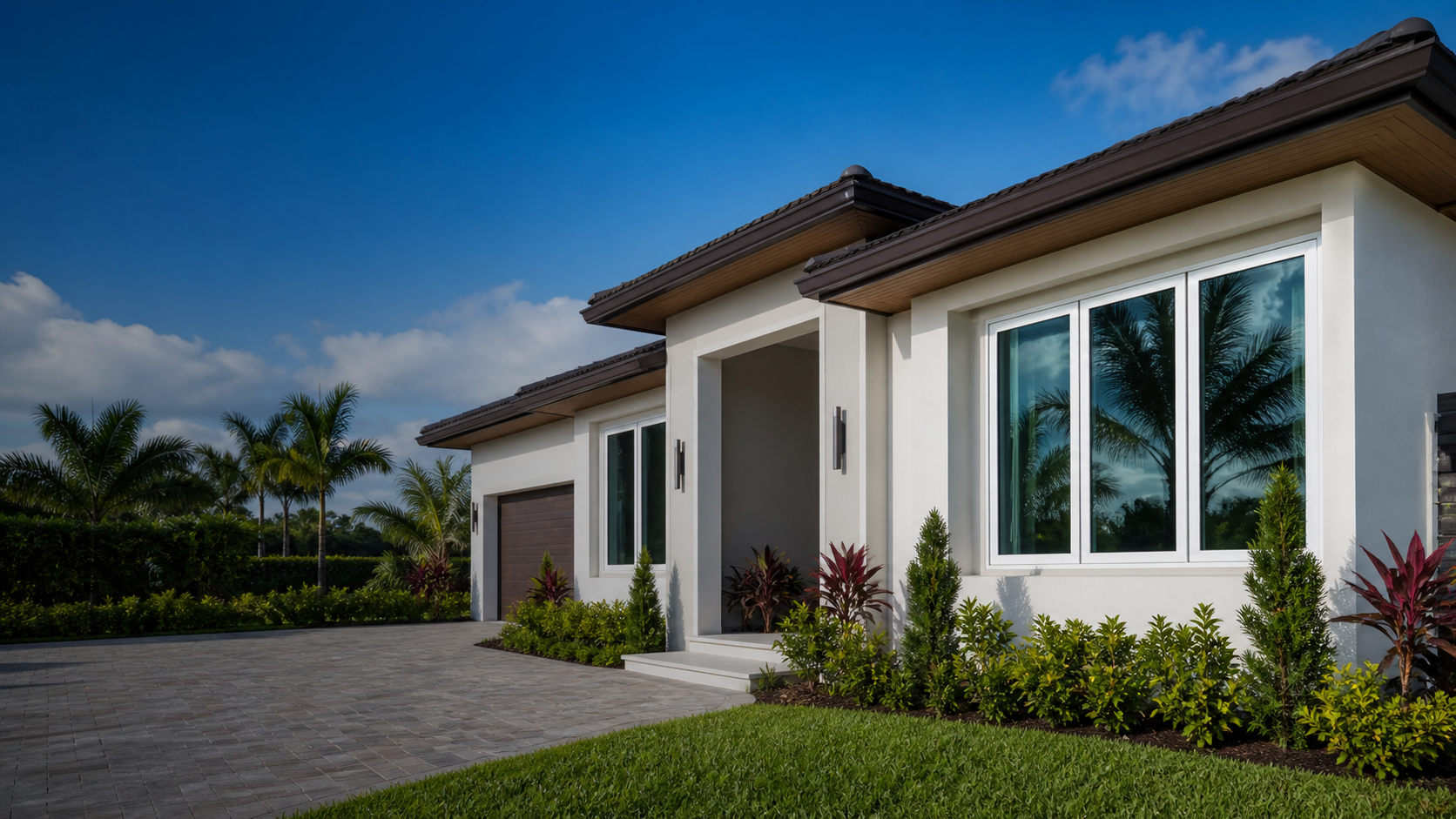 South Florida home with newly installed white-framed impact windows
