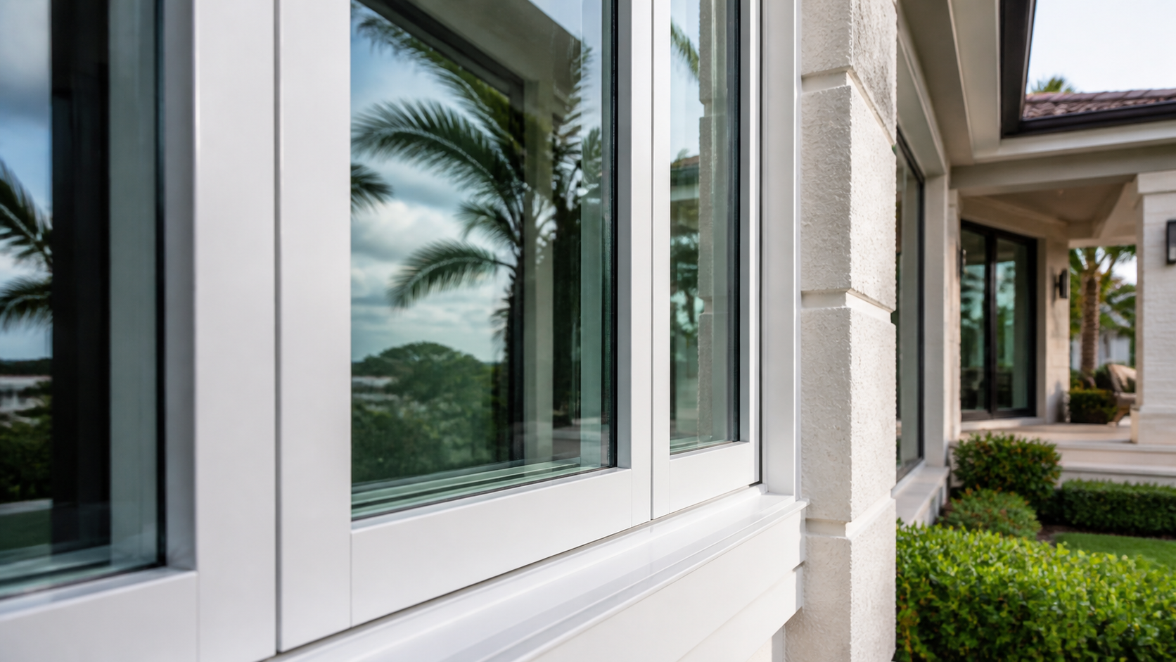 Close-up of a modern laminated impact window and white frame