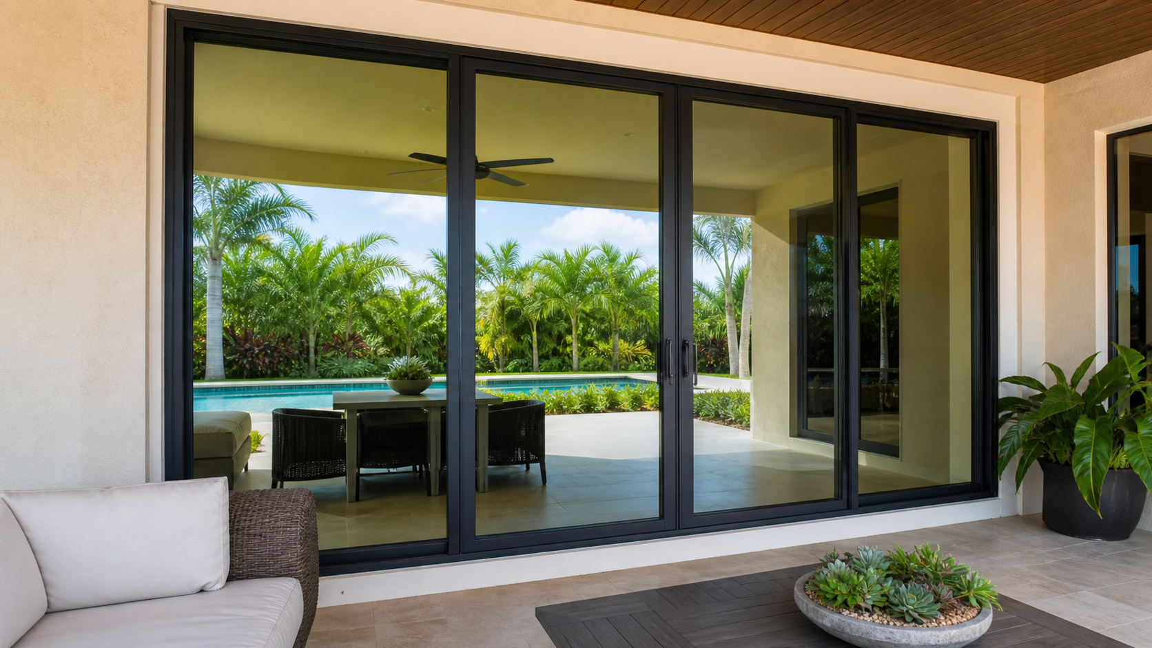 New impact sliding glass doors opening to a South Florida patio