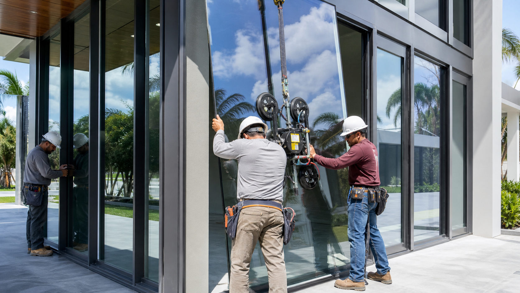Crew installing impact glass at a South Florida commercial property